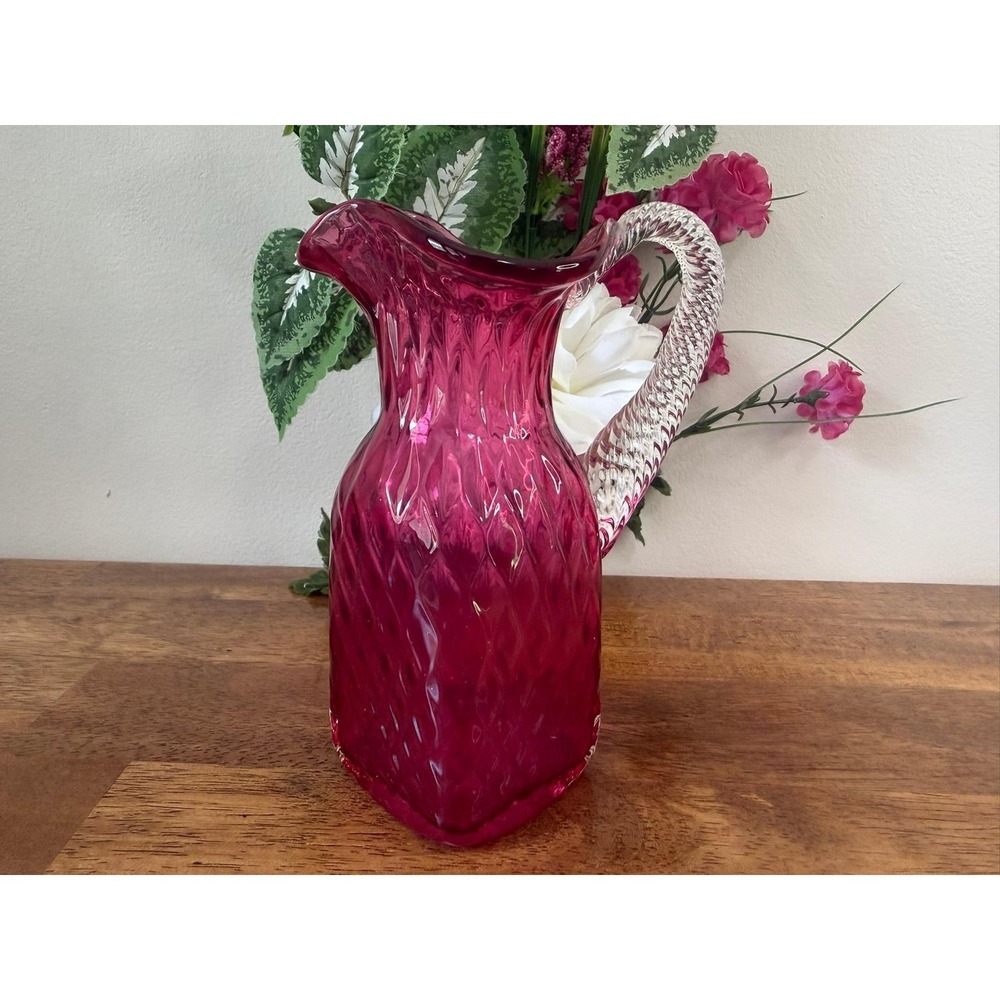 Vintage Cranberry Art Glass Pitcher Diamond Optic Ruby Red Glass Vase Jug Decor